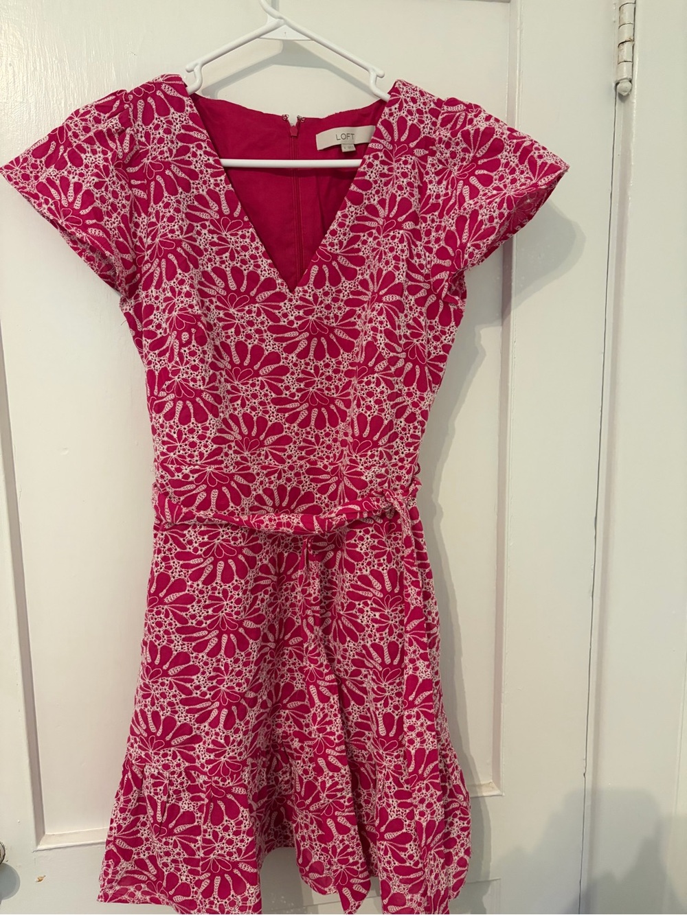 LOFT Pink & White Lace-Pattern Fit-and-Flare Dress